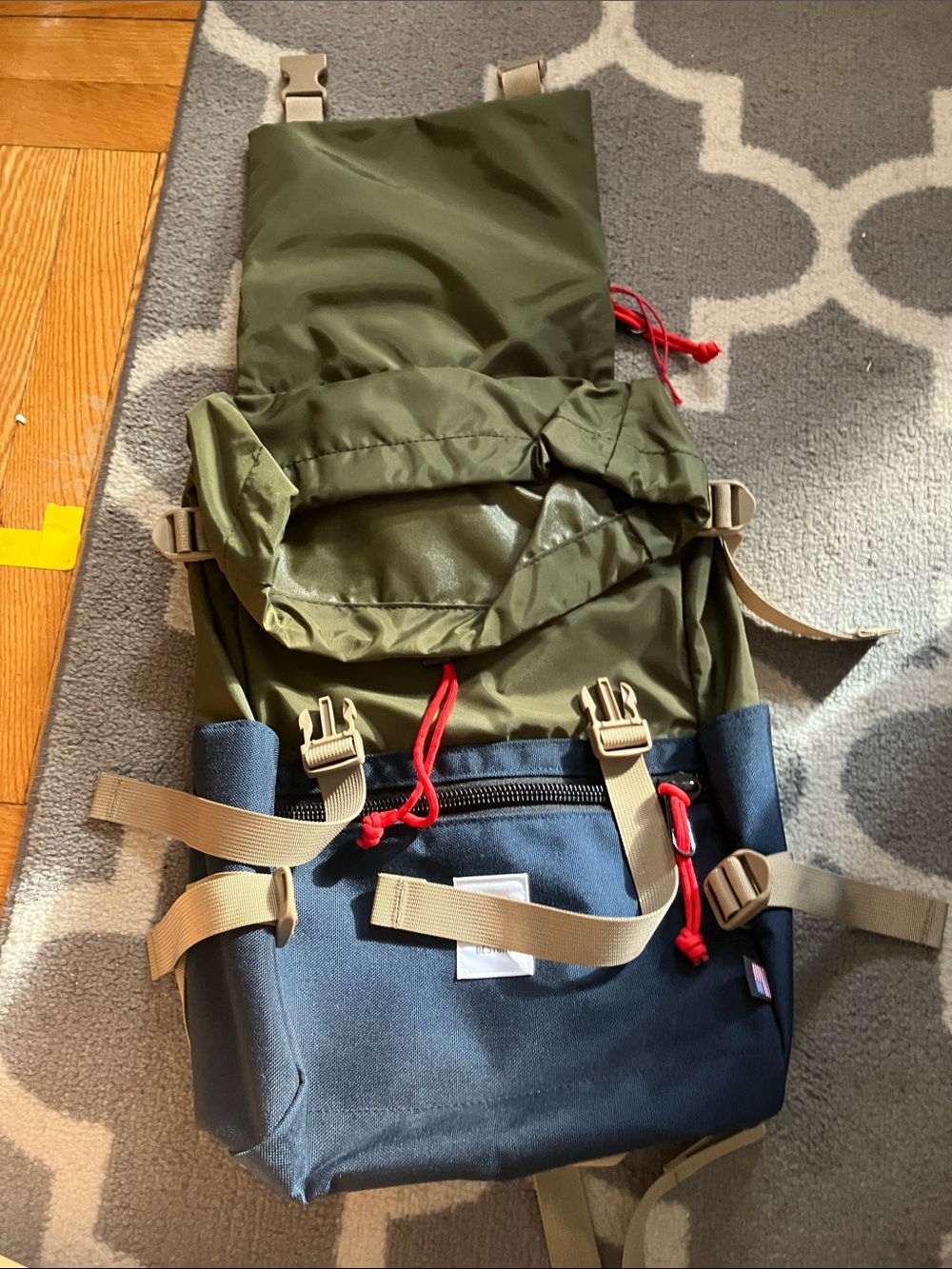 Topo Designs Olive & Navy Men’s Backpack with Tan Straps and Red Cord - Picture 5 of 7